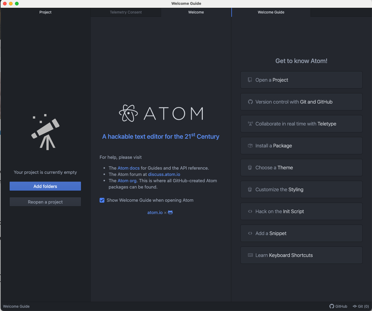 atom startup screen